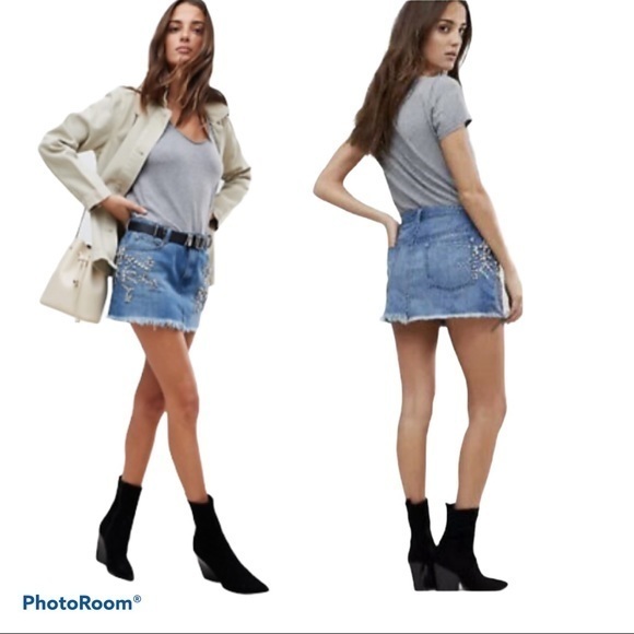 FREE PEOPLE Shine Bright Far Jeweled Jeans Denim Skirt 10 - Picture 3 of 15